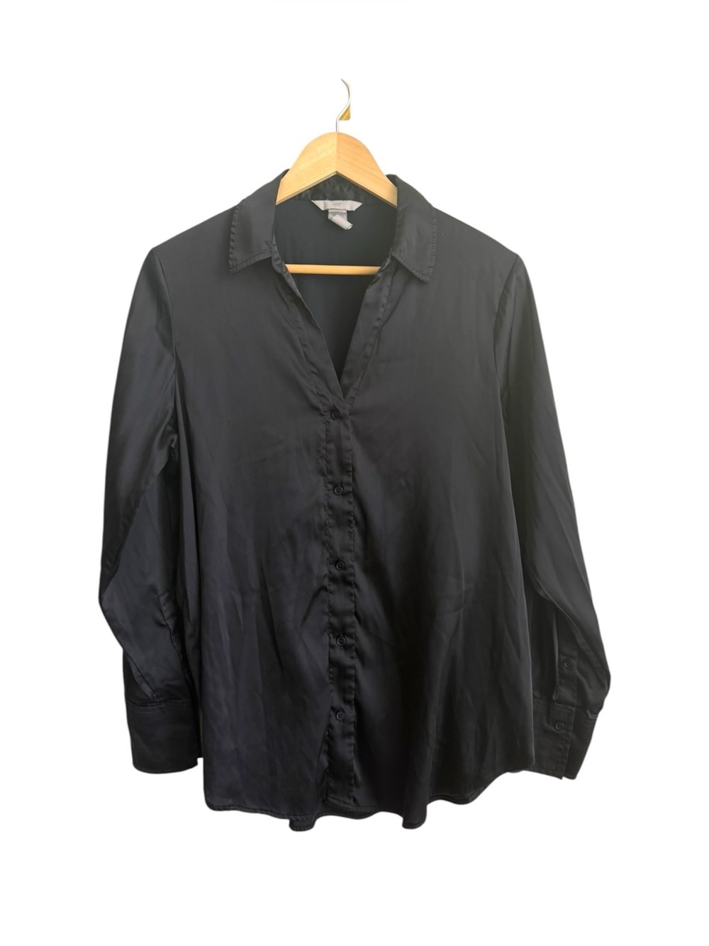 H&M Black Satin Button Down Blouse Women's Medium Long Sleeve Office Top